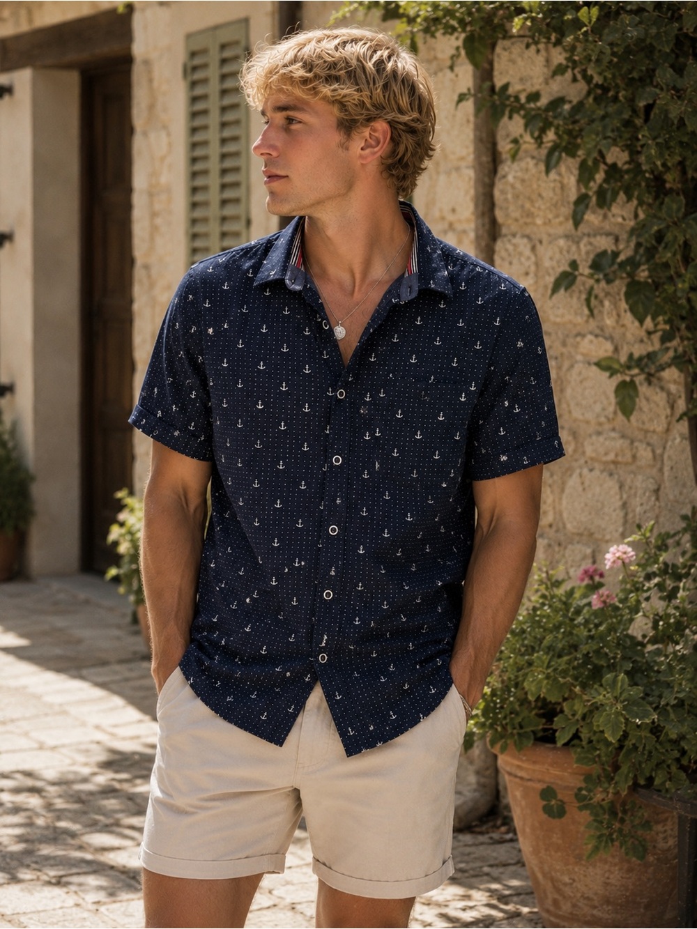 Cactus Man Ricky Singh Navy Nautical Anchor Button Up Shirt Slim Fit Cotton L
